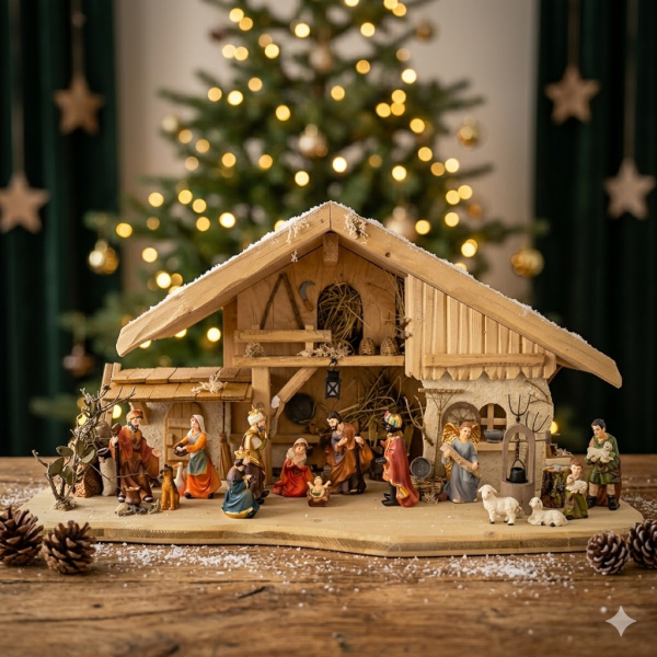 Traditionelle Weihnachtskrippe Zürich inkl. 17-tlg. Figurensatz ETA 1, Maße Krippe: ca. 70 x 30 x 35 cm